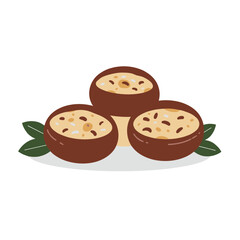 Obraz premium Three chocolate-filled cookies with nuts and leaves on white background 