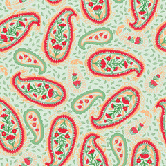Christmas Paisleys in Traditional Red and Green in a Non Directional Tossed Design creating a seamless pattern print