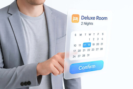 Hotel booking interface with calendar and confirm button, smart reservation, scheduling system, management time.