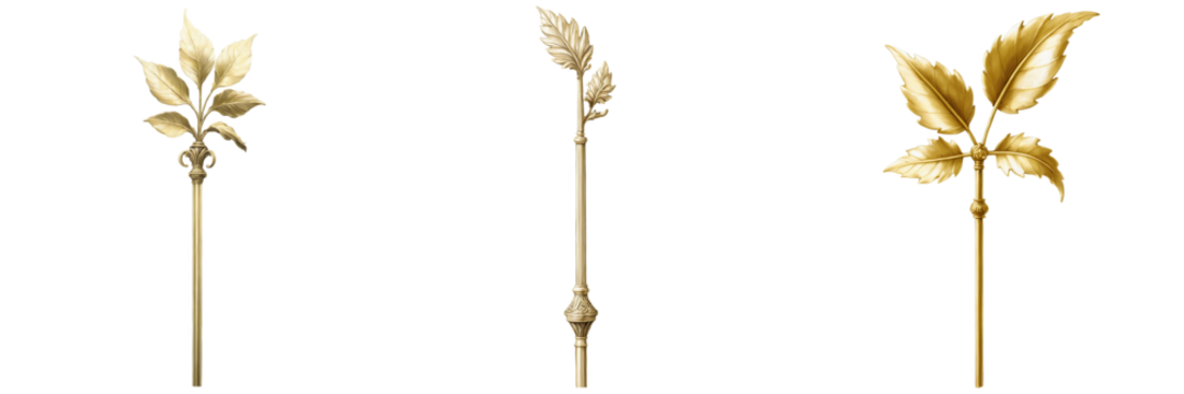 Golden leaf shaped artistic flagpole finial set with classic floral patterns on transparent background