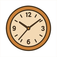 Simple round clock with brown frame and beige face showing time  