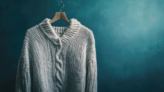 A sweater hanging from a hanger against a blue wall