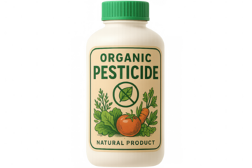 Organic pesticide bottle with vegetable graphic, displaying no-leaf symbol, representing natural plant protection against insects on clear surface