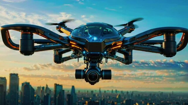 A drone flying over a city skyline at sunset, with the city lights visible in the background.