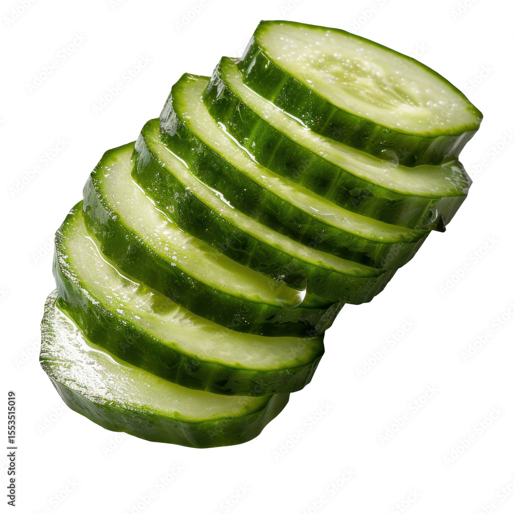 Poster fresh cucumber slices stacked neatly, showcasing their vibrant green color and crisp texture, perfec