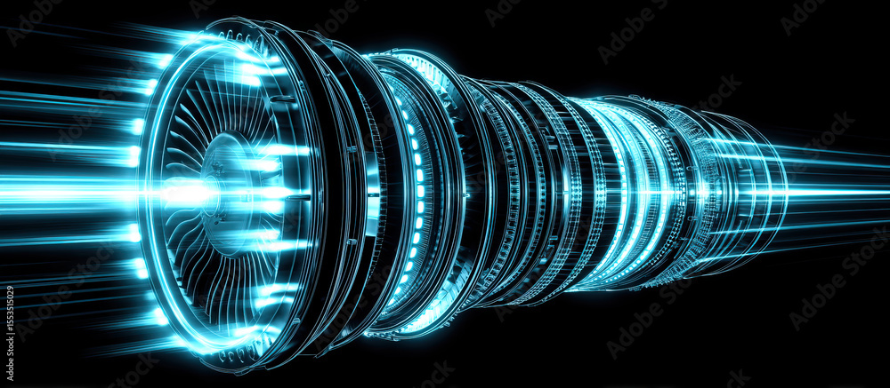 Poster futuristic digital model of jet turbine engine glowing with blue light and dynamic energy flow in da