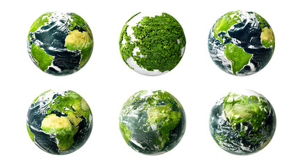 Six variations of a green Earth globe.