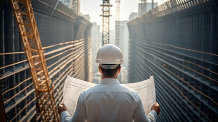 An engineer on construction site looks over blueprints 