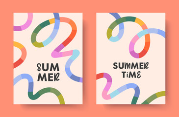 Summer vector illustrations with bright rainbow lines.Abstract backgrounds with multicolored dynamic shapes.Summer artistic banners in simple style.Templates for prints,banners,covers,branding,fashion