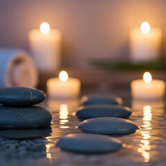 Stack stones on water surrounded by candles and water. Spa treatment and zen meditation concept for relaxation. Calm, serene setting perfect for spa beauty treatment.