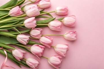 Obraz premium Bouquet of pink delicate tulips on pink background, Top view