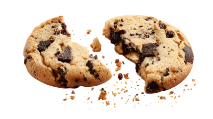 Broken chocolate chip cookie with crumbs