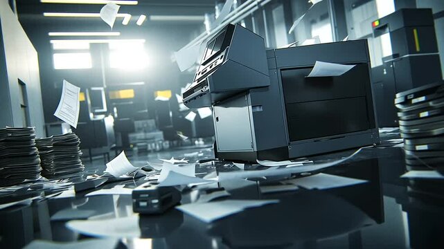 Office environment with a malfunctioning printer surrounded by scattered documents and papers