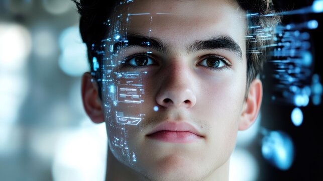 Young person with holographic face scan; futuristic technology; indoor setting; potential use in tech/science stock