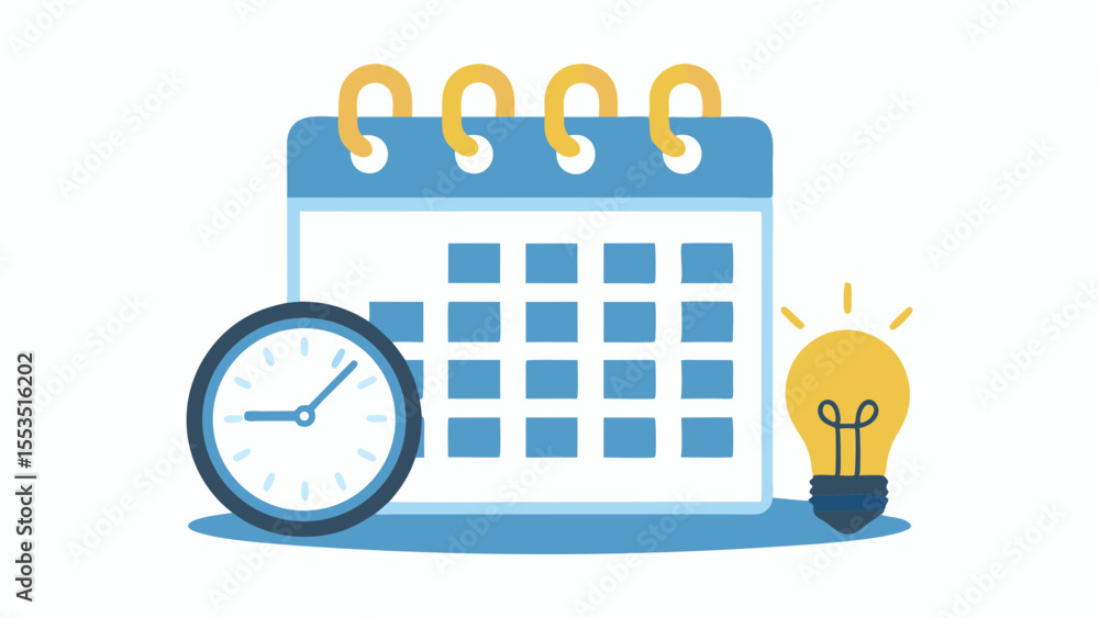 Poster a calendar with a clock and a lightbulb representing time management skills