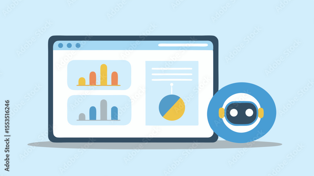 Poster a dashboard with charts and a robot assistant on a light blue background