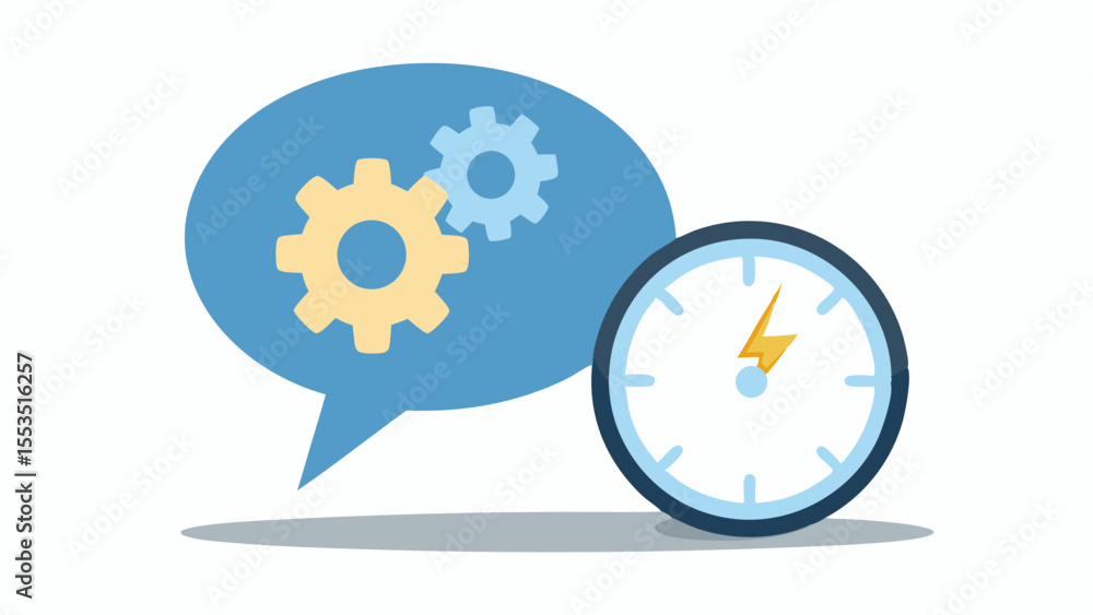 Poster showing a speech bubble with gears and a clock representing time management process