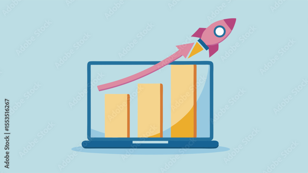 Poster laptop showing a bar chart with an arrow pointing upwards and a rocket launching from the top right 