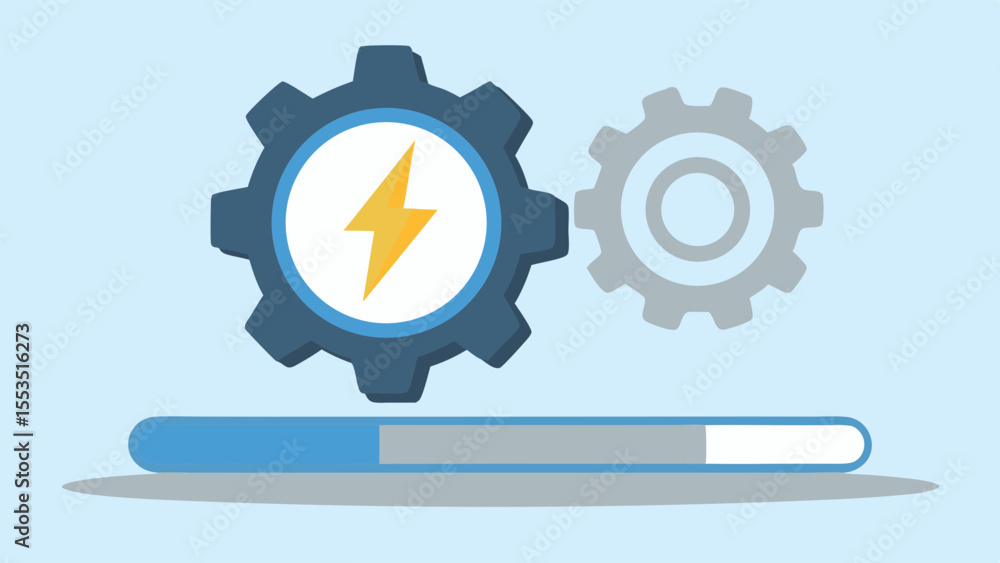 Poster a loading bar with gears and a lightning bolt on a light blue background