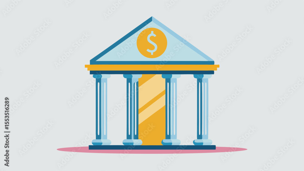 Poster a bank building with columns and a dollar sign on the pediment design element