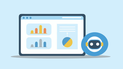 a dashboard with charts and a robot assistant on a light blue background