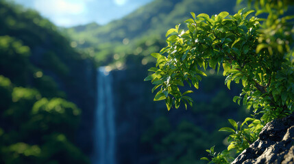 Obraz premium Serene view of lush green foliage framing majestic waterfall in vibrant landscape, evoking tranquility and natural beauty