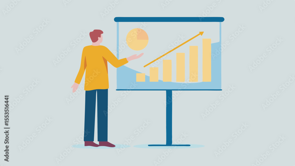Aufkleber man presenting a growth chart with pie chart and upward trend line on a presentation board stand