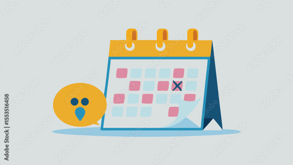 Poster a calendar with a marked date and a speech bubble with a bird face beside it
