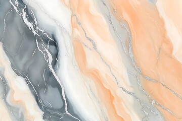 A closeup of fluid soothing marble ink in light peach gray and white with thin silver streaks enhancing the organic feel of the composition