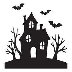 Spooky Halloween haunted house with bats under moonlit night sky