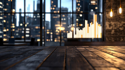 Bar chart showing rising profits is displayed modern urban setting with city skyline background, evoking sense of success