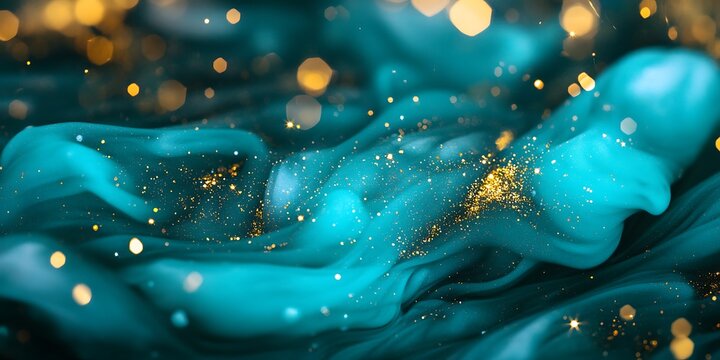 A closeup of glowing teal and turquoise marble ink with fine gold glitter particles scattered across the surface like stardust