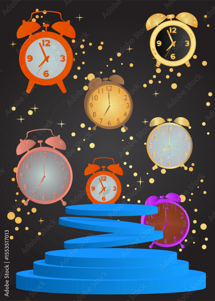 Poster mockup product display with alarm clock. vector cylinder pedestal podium. stage showcase for present
