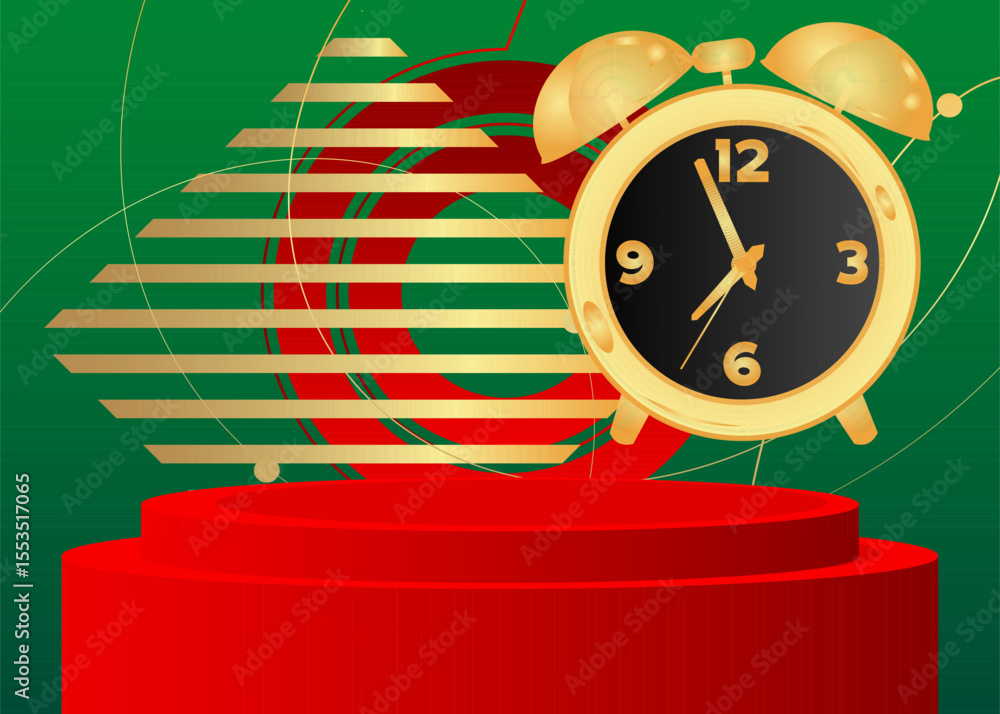 Poster mockup product display with alarm clock. vector cylinder pedestal podium. stage showcase for present