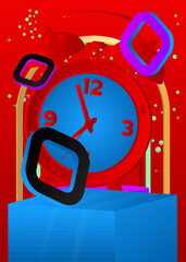 Mockup product display with Alarm Clock. Vector cylinder pedestal podium. Stage showcase for presentation. Minimal geometric forms.