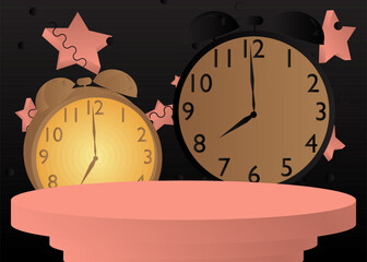 Mockup product display with Alarm Clock. Vector cylinder pedestal podium. Stage showcase for presentation. Minimal geometric forms.