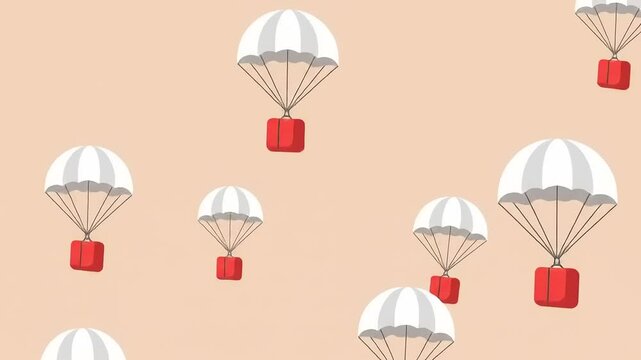 Colorful parachutes with red packages descending against a soft peach background, symbolizing delivery