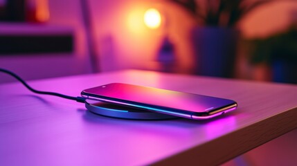Smartphone wirelessly charging on a pad at night.
