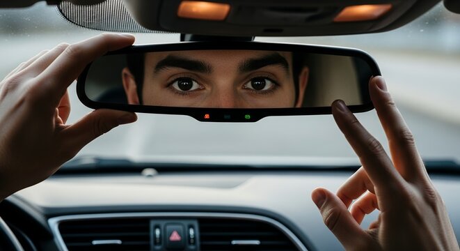 Driver adjusting rear view mirror for safer driving experience and clearer visibility of the road