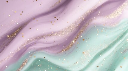 A closeup of lavender and mint green marble ink enhanced with soft golden glitter particles creating a sparkling and soothing look