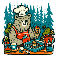 sticker of a bear making pancakes in a forest kitchen