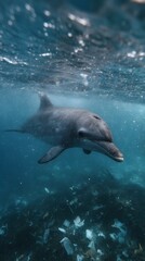 Obraz premium Dolphin swimming amidst ocean pollution