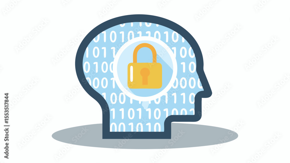 Poster a head silhouette filled with binary code and a padlock in the center of the head