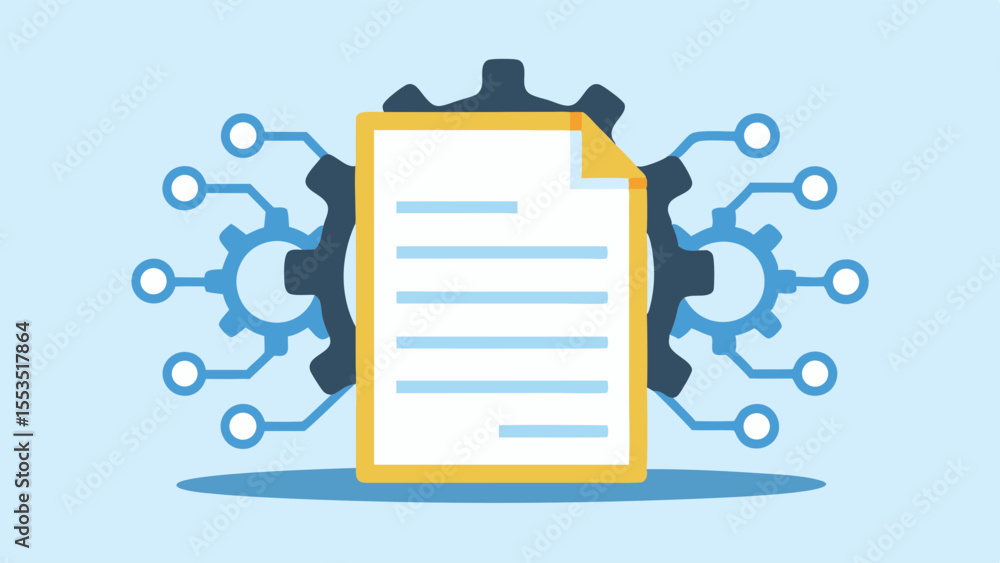 Poster a document with lines and gears representing a technological process flow chart