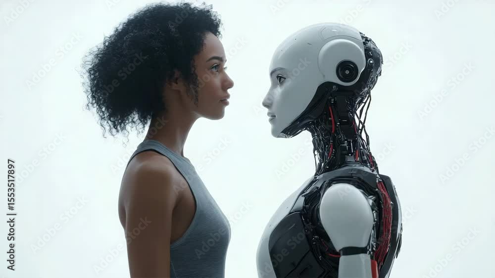 Aufkleber Deep look: a girl and a robot stand face to face symbolizing the future of human-AI interaction Ideal for themes of technology, communication and evolution. Futurism, ethics and technological progress