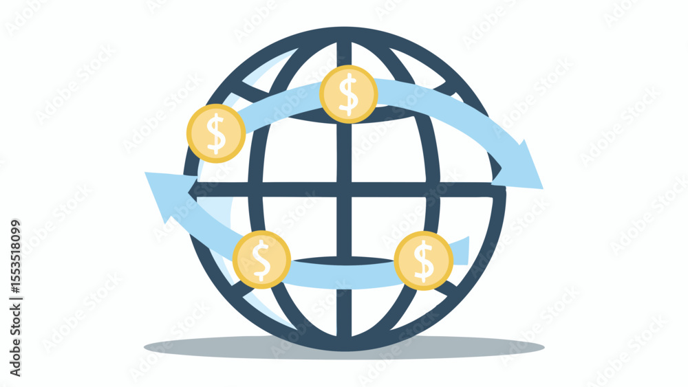 Poster global money exchange with arrows circling the globe and dollar coins at each intersection