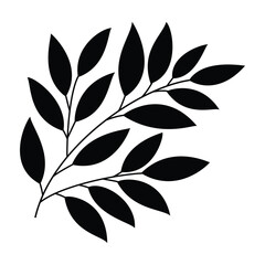 A simple, clean black silhouette of a leafy branch on a white background, perfect for nature, botanical, or minimalist design elements.