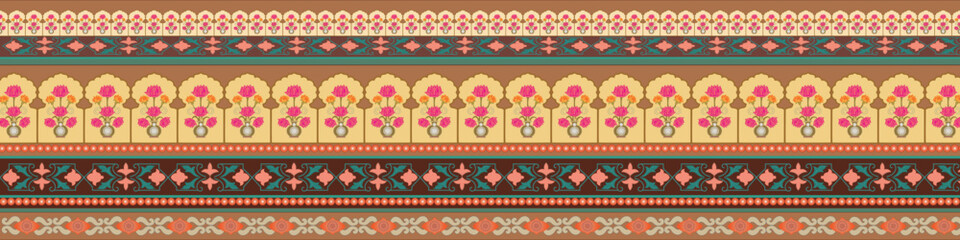 A beautifully detailed traditional Mughal-style floral wall pattern featuring symmetrical flower arrangements in vases, decorative arches, and ornamental borders. Ideal for use in wedding invitations