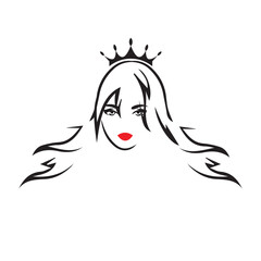 Queen or Princess Head with Crown and Red Lips Vector