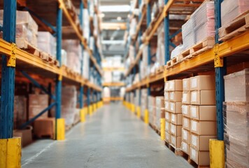 Warehouse Interior with Cardboard Boxes and Racks